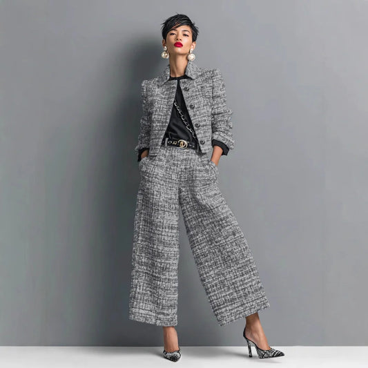 Luxury Tweed Two-Piece Set for Women – Elegant Printed Button Jacket & Wide Leg Pants Set | Modern Blend Boutique