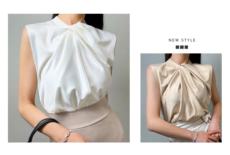 Women’s Satin Twist-Neck Sleeveless Blouse – Elegant Draped Office & Occasion Top
