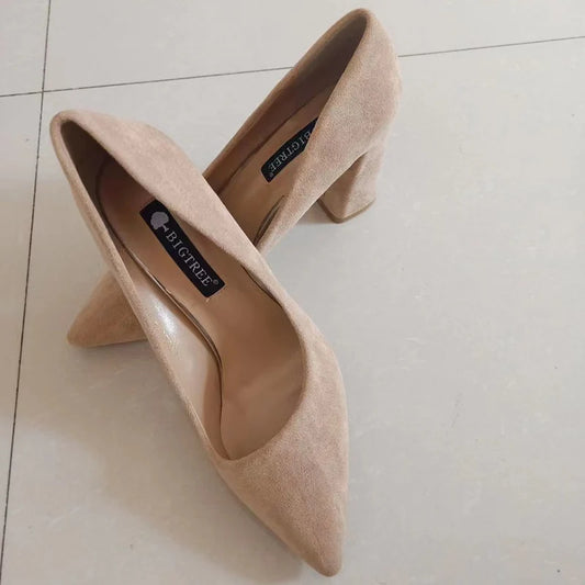 Women’s Suede-Look Pointed Toe Pumps | 8.5cm Block Heel Dress Shoes | Elegant Cognac Brown Heels