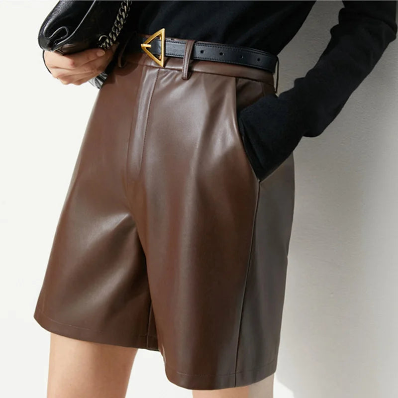 Women’s High-Waist Faux Leather Bermuda Shorts – Chic Tailored Vegan Leather Shorts with Belt, Fall Fashion