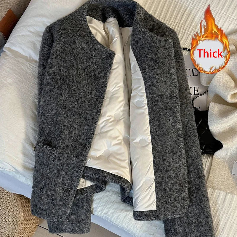 Women’s Thick Wool-Blend Jacket with Gold Buttons – Structured O-Neck Vintage Coat | Autumn Winter 2025