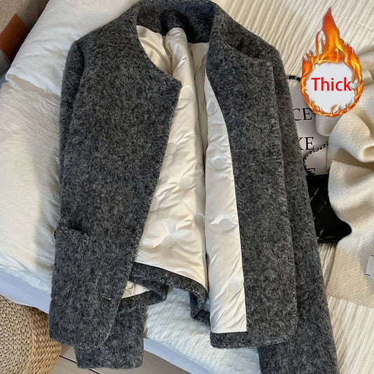Women’s Thick Wool-Blend Jacket with Gold Buttons – Structured O-Neck Vintage Coat | Autumn Winter 2025