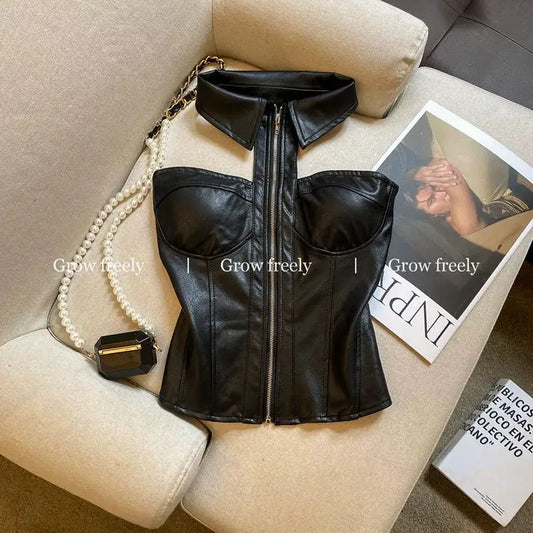 Luxury Halter Neck Corset Bustier Top with Collar & Front Zipper – Champagne Beige & Chocolate Brown Faux Leather Sculpted Top