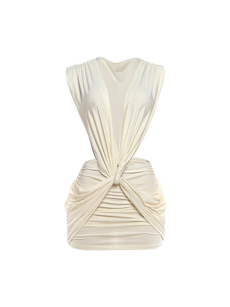 Timeless Deep V-Neck Ruched Bodycon Mini Dress – Elegant Sleeveless Stretch Party Dress for Women