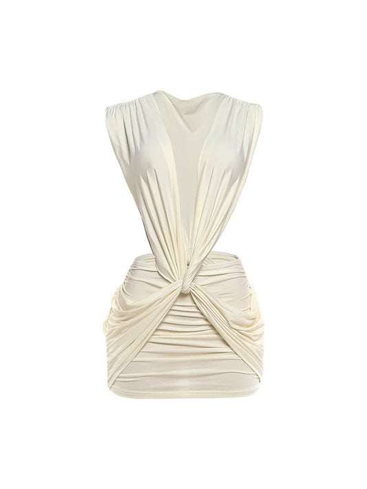 Timeless Deep V-Neck Ruched Bodycon Mini Dress – Elegant Sleeveless Stretch Party Dress for Women