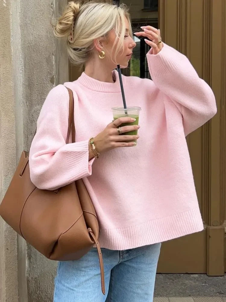 Solid Loose Sweater Fashion Elegant/O-neck Long Sleeve Knitted Pullover/Autumn Female Warm Thick Tops/Comfy Jumpers/