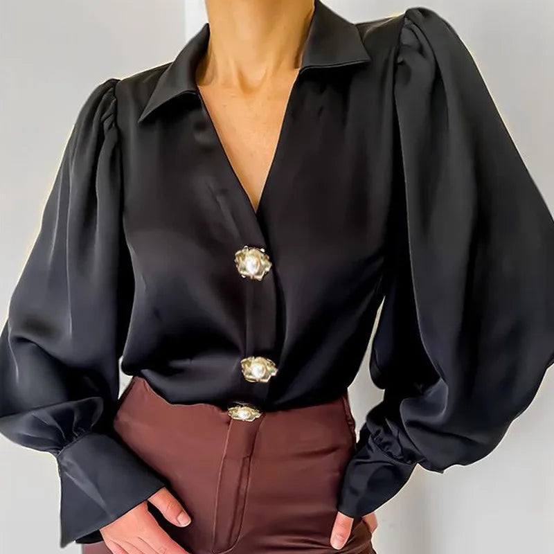 Sophisticated Satin Elegant Blouse/Black Lantern Sleeves/Fashionable/Winter Blouse Green Loose Silk Office Shirt.