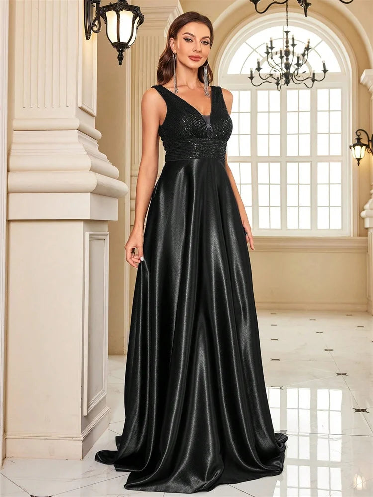 Elegant Sequin Evening Dress/Deep V-neck Satin Prom Party/Dress Floor Length/Formal Gowns.