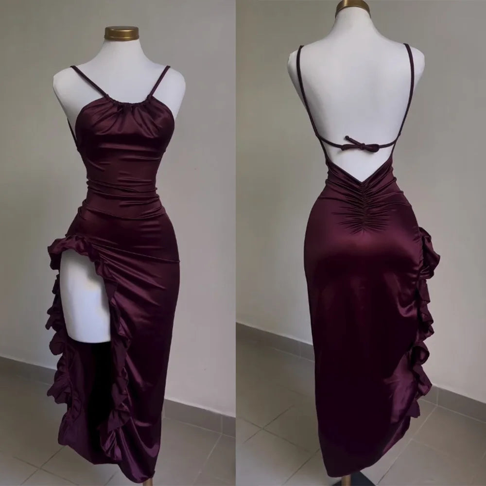 Burgundy Satin Ruched Maxi Dress – Open Back High Slit Spaghetti Strap Evening Gown for Women