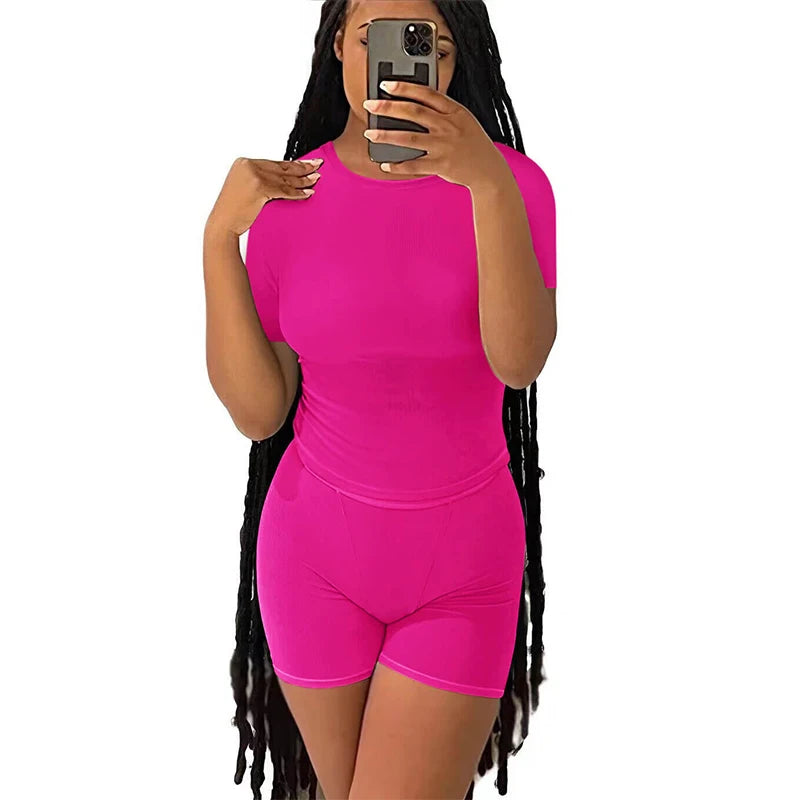 Casual Workout Day/Two Piece Outfit/Fitted Crew Neck/T~shirt/High Waist Pant’s/Matching Sets Streetwear.