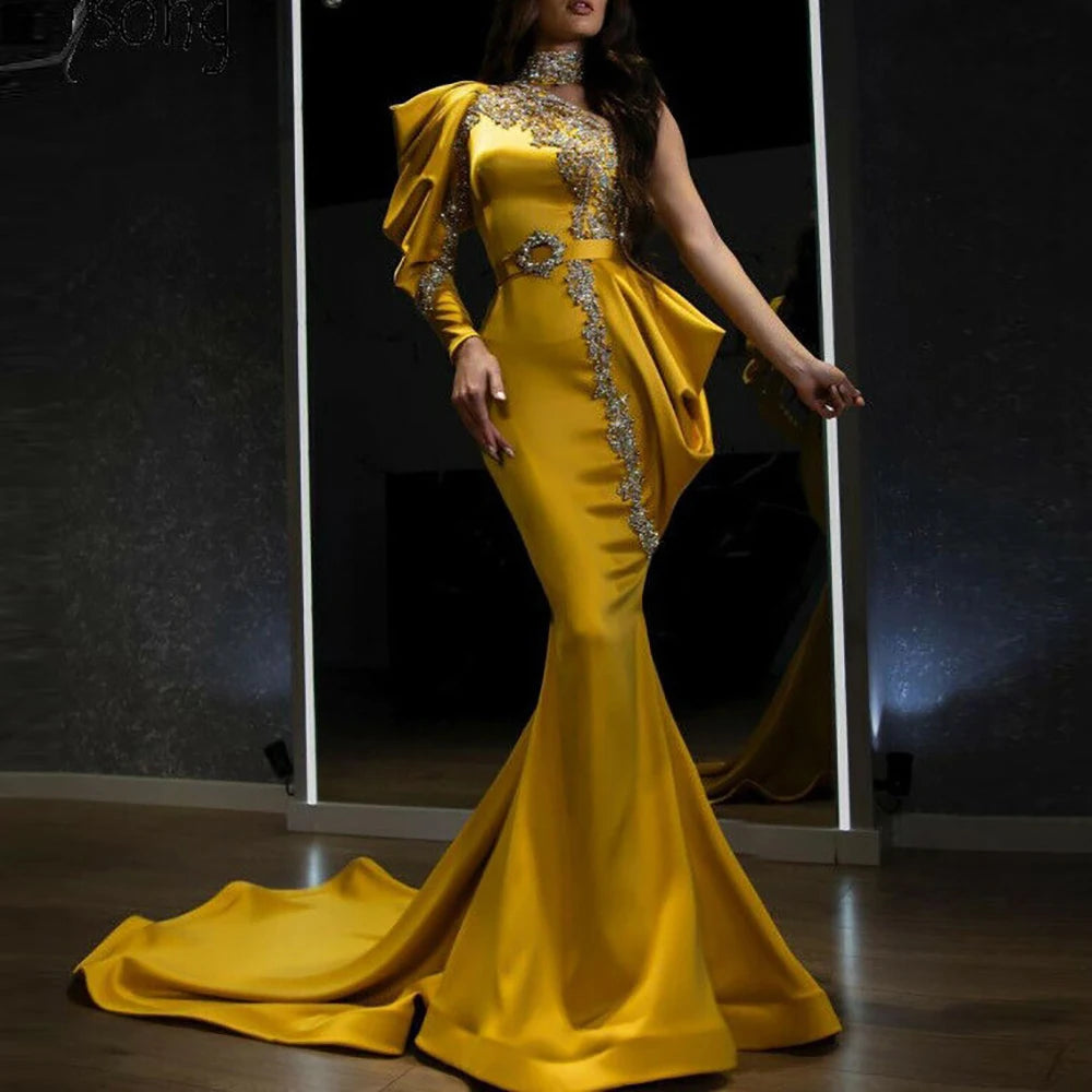 Luxury Sequin Evening Dress/Off Shoulder Irregular Chic Sleeve Party Cocktail/Maxi Fishtail Floor-Length.