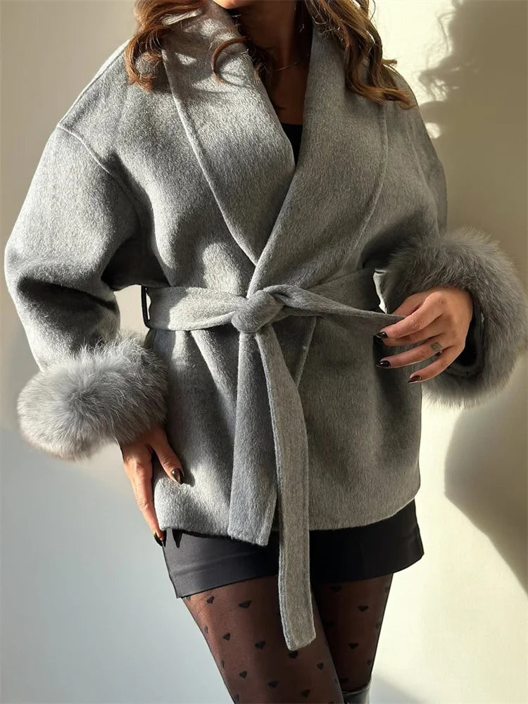 Tossy Fox Fur Overcoat/Short Fitted Cardigan Coat/Elegant Double-sided Woolen Coat.