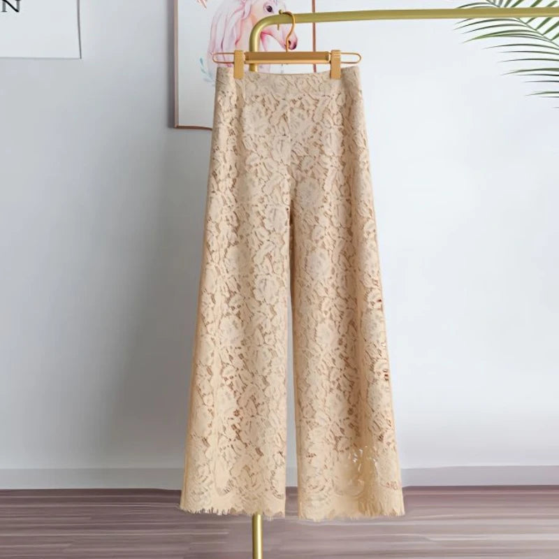 Elegant Lace Wide-Leg Trousers – High-Waist Solid Color Pants for Women | Summer Loose Straight Leg Bottoms | Modern Blend Boutique