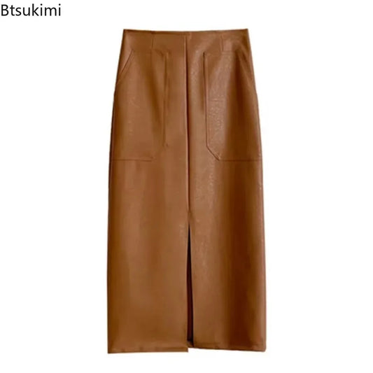 Modern Blend Boutique Women’s High-Waisted Faux Leather Midi Pencil Skirt – Elegant Front Slit, Slim Fit PU Leather Skirt, Timeless Chic Office & Evening Wear