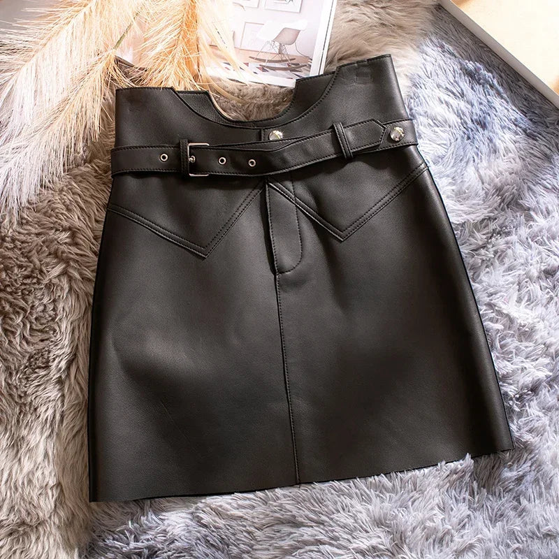 Women’s Genuine Sheepskin Leather Mini Skirt – High Waist Belted Office Chic Skirt