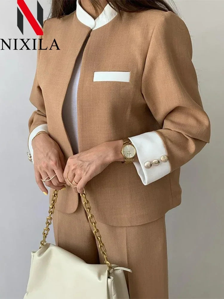 Autumn Pants Set’s/Two Piece Suit Elegant Women Blazer/Cardigan Stand Collar Coat Straight Two Piece Sets Womens Outifits.