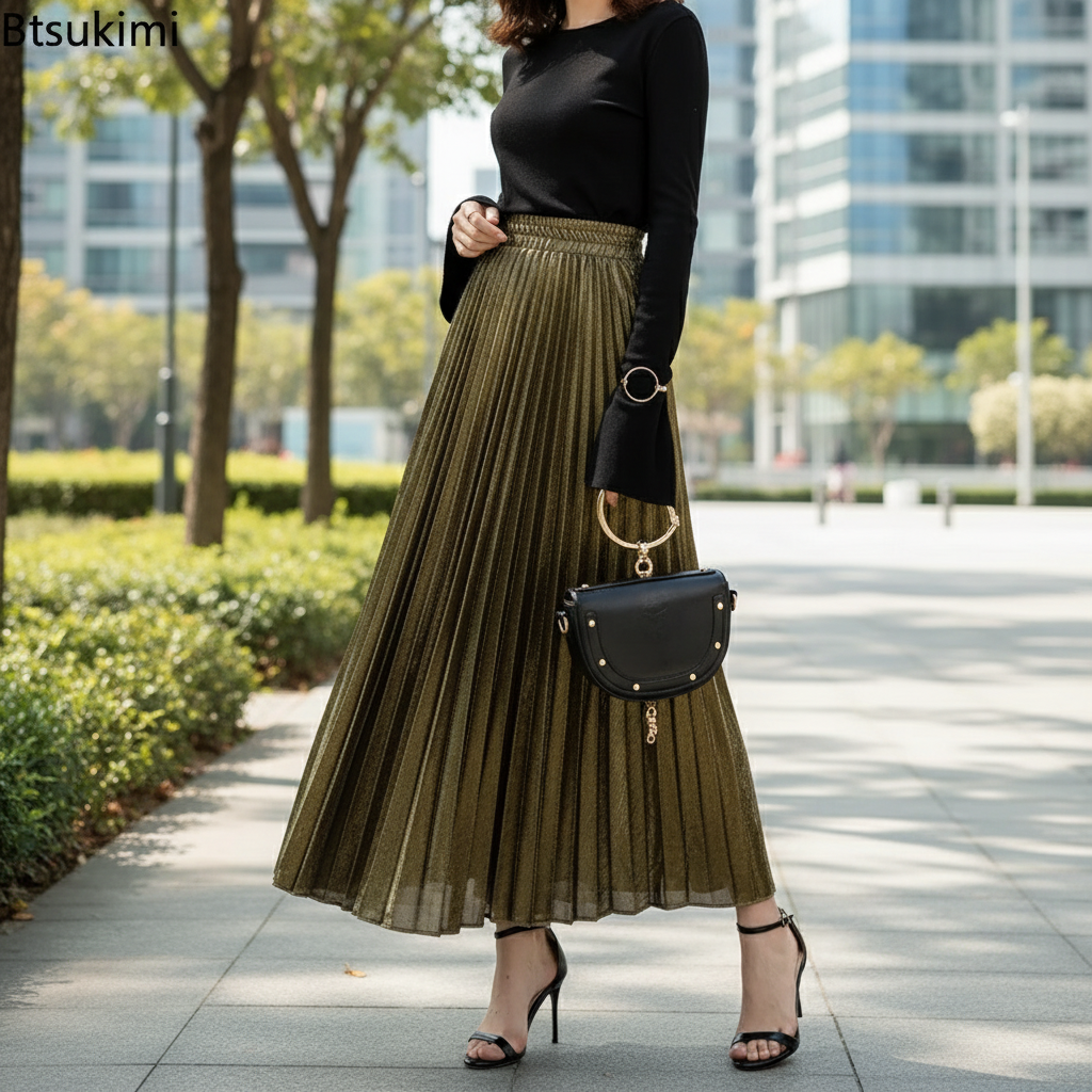 Bright Silk Metal Skirt/Color Pleated Maxi Skirt/Elastic High Rise Swing/Holiday Celebration Event.
