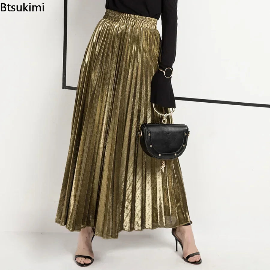 Bright Silk Metal Skirt/Color Pleated Maxi Skirt/Elastic High Rise Swing/Holiday Celebration Event.