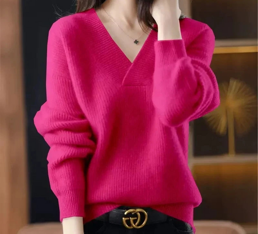 Stylish Cashmere Sweater/Women's 100% Wool Sweater/Fashion V-neck Knitted Pullover/Winter and Autumn Loose Solid Soft Sweater
