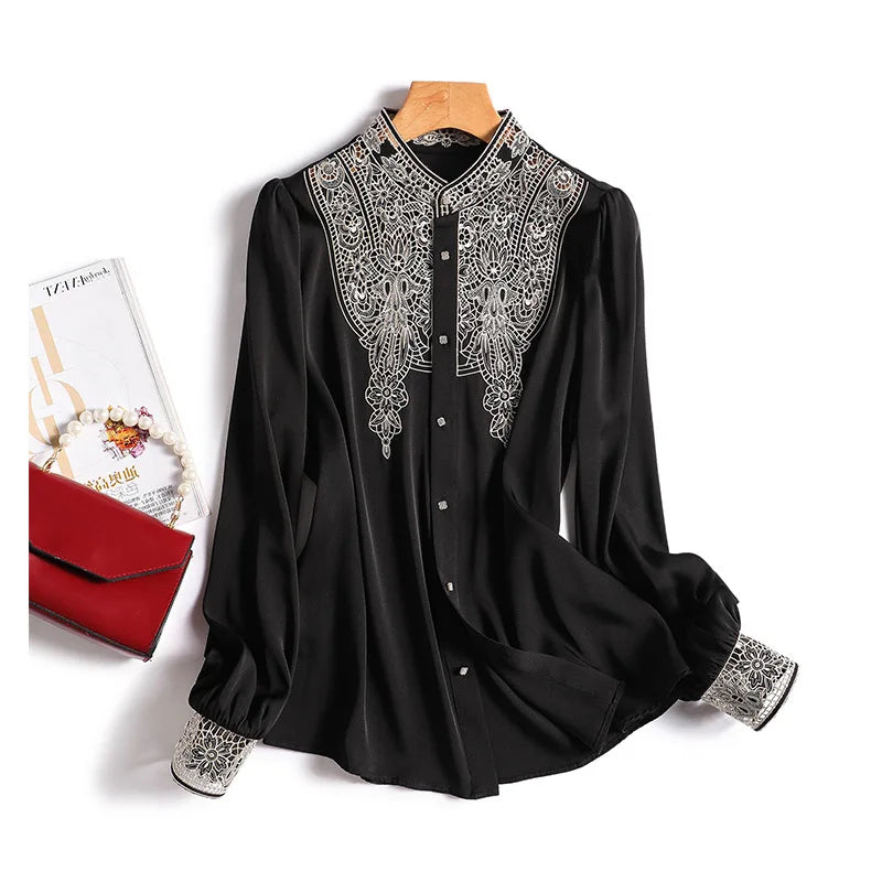 Embroidery Hollow Out  Fashion Blouse/ Long Sleeved Flora Designed Blouse/Opened Stitched Buttoned Shirt.