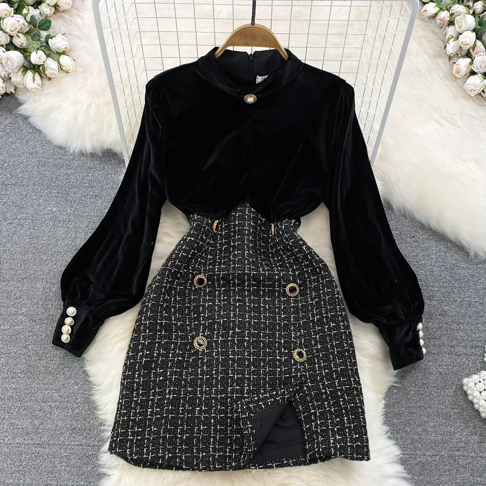 Long Sleeve Vintage Stand Collar Chic Velvet Spliced Coarse Tweed Slim A-line Dresses High Street Autumn Winter Clothing
