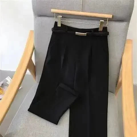 Casual Pants Women Fashion Solid Color Sashes  Slim Straight Trousers Chic Business Mujer Retro Belt.