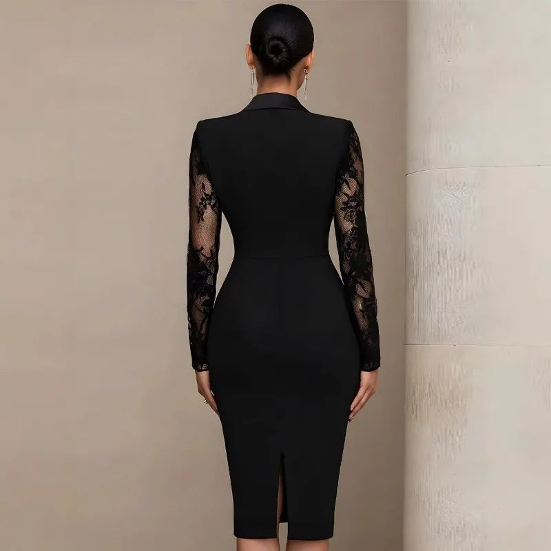 Elegant Lace Sleeve Tuxedo Midi Dress