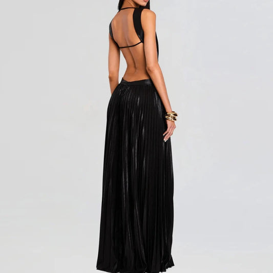 Elegant Pleated Maxi Dress – Available in Black, Peach, and Light Blue
