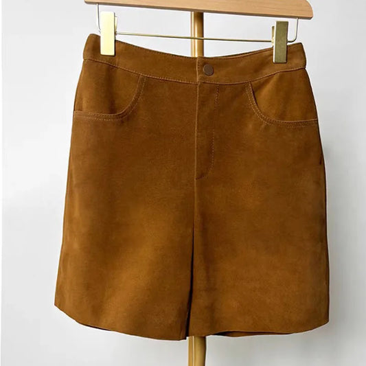 Sheepskin Real Suede Leather Shorts for Women – Genuine Leather Slimming Straight-Leg Mid-Waist Trousers in Coffee Brown | Fall Fashion