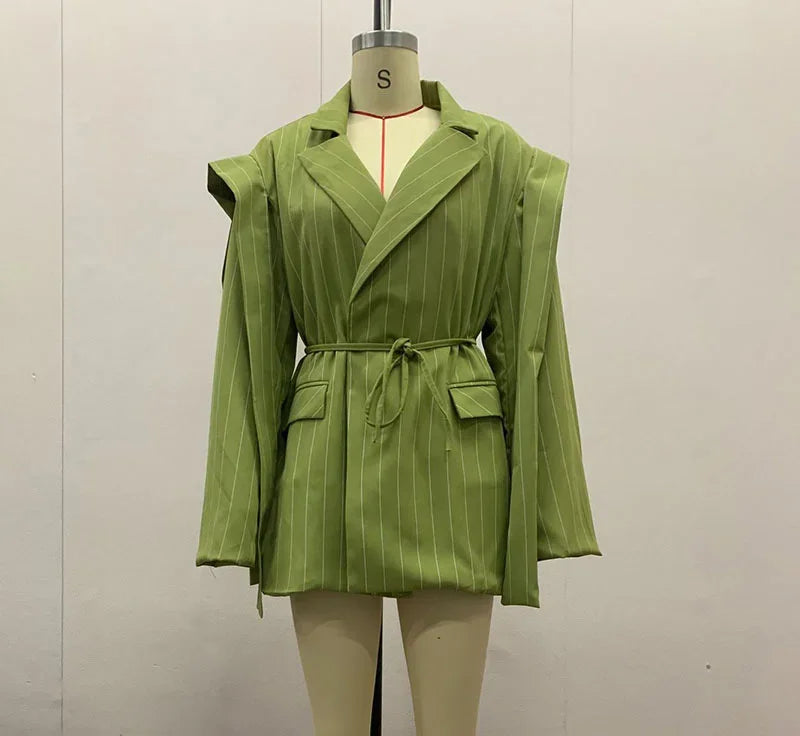 DFCF Women Elegant Loose Waist Cinching Belt Jackets Female Tailored Vintage Striped Lapel Suit Jacket