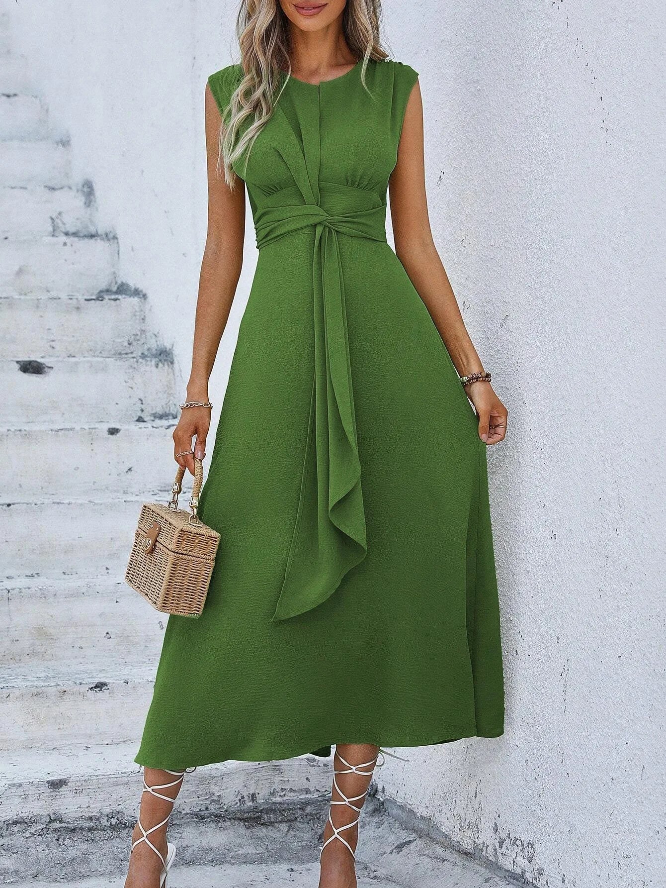 Elegant Sleeveless Waist Tie Midi Dress for Women – Romantic Vacation A-Line Summer Dress | Casual Chic Date Night Outfit | Modern Blend Boutique