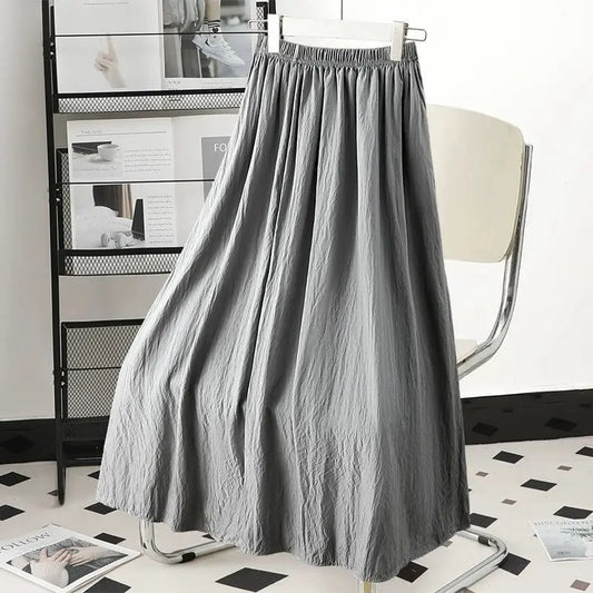 Solid New Trendy Pleated High Waist Solid Color Versatile Casual A-line Skirt/Ankle Length Tatting Craft.