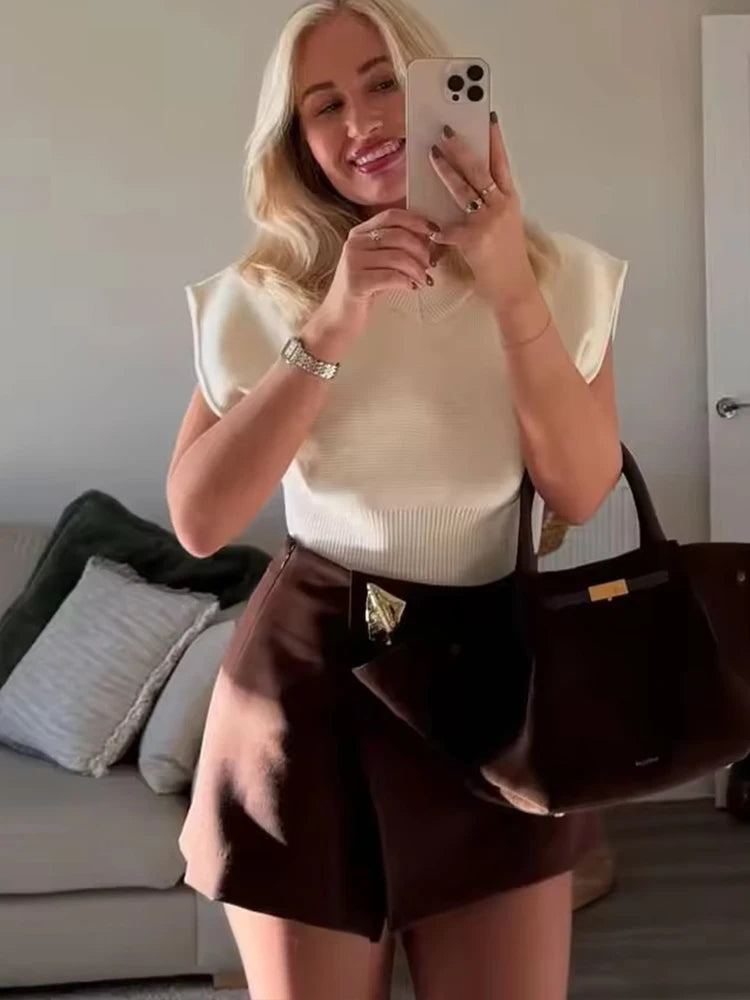 Asymmetrical Gold Decoration Short Skirts/Women Elegant Skirts/Solid High Waisted Skirt.