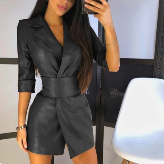 Elegant Leather Body~Con Women's Dress/ V~Neck Leather Mid Length/PU Leather Waist Closure/TrendingTurn Down Dress With Belt.