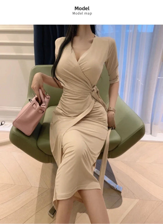 Slimming V-Neck Belted Maxi Dress.