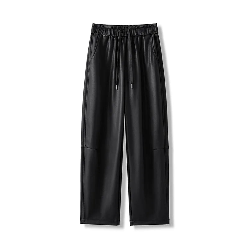 Luxury PU Leather Jogger Pants for Women – High-Waist Elastic Drawstring Wide-Leg Trousers – Comfy Chic Vegan Leather Athleisure Pants