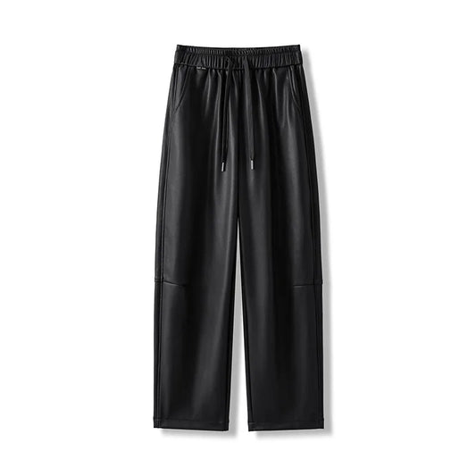 Luxury PU Leather Jogger Pants for Women – High-Waist Elastic Drawstring Wide-Leg Trousers – Comfy Chic Vegan Leather Athleisure Pants
