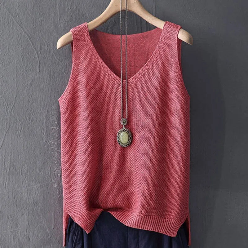 Pullover Women's V-neck Blouse/Thin Knitted Loose Tops/Basic Solid Color Sleeveless/T-shirt For Women Casual Blouses.