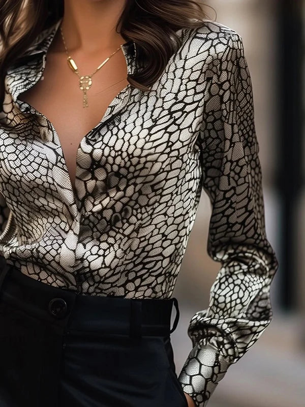 Polished Turn Down Collar Blouse/Long Sleeved Lapel Snakeskin Printed Business Casual Tops.