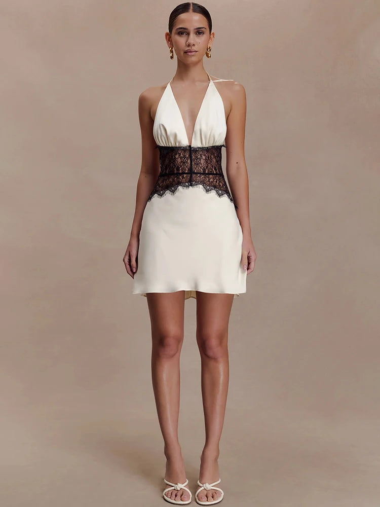 Elegant Lace Patchwork Halter Mini Dress – Luxury Backless Deep V-Neck Sleeveless Party Dress for Women | Timeless Chic Evening Look