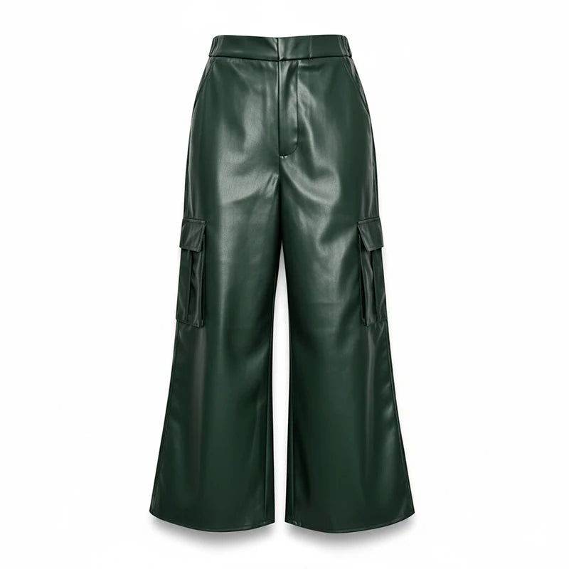 Luxury Forest Green PU Leather Wide-Leg Cargo Pants – High-Waist Cropped Vegan Leather Trousers for Women