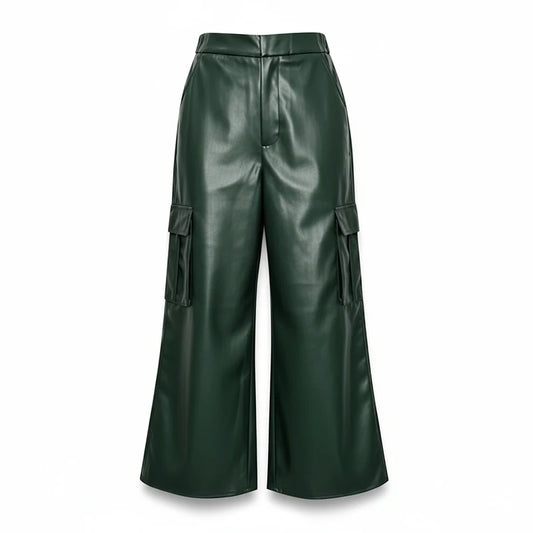 Luxury Forest Green PU Leather Wide-Leg Cargo Pants – High-Waist Cropped Vegan Leather Trousers for Women
