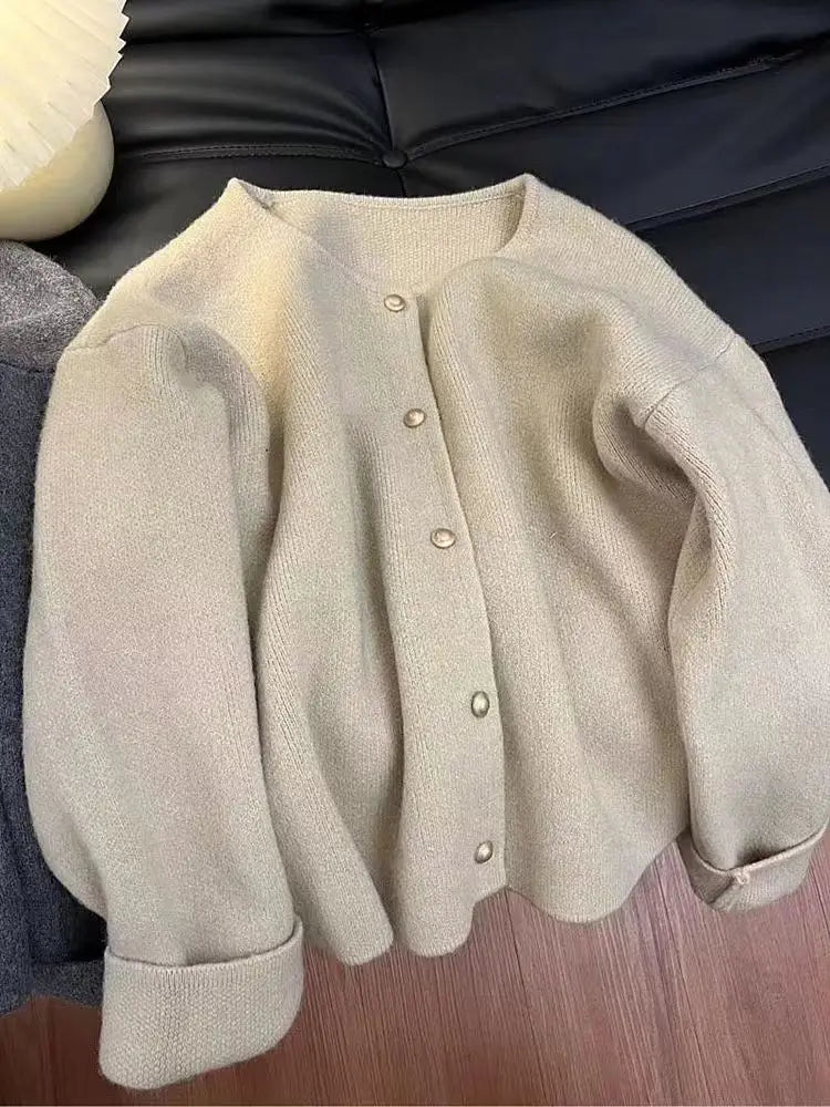 Elegant O-Neck Knitted Sweater Cardigan/Loose Versatile Long Sleeved Top Single Breasted Jacket