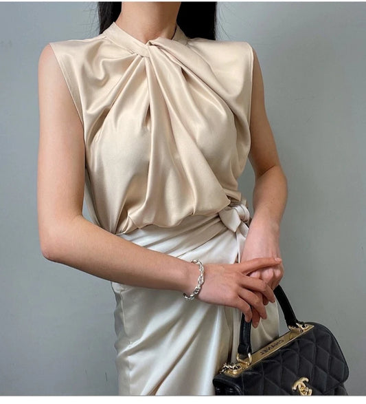 Women’s Satin Twist-Neck Sleeveless Blouse – Elegant Draped Office & Occasion Top