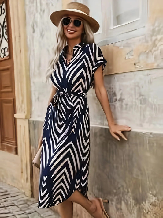 Modern Blend Boutique | Elegant Chevron Belted Midi Dress – Timeless Summer V-Neck Dress