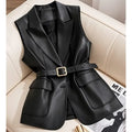 Black Leather Waistcoat This Year's Popular Explosive Unique High-level Sense of Folded Sleeveless Coat.