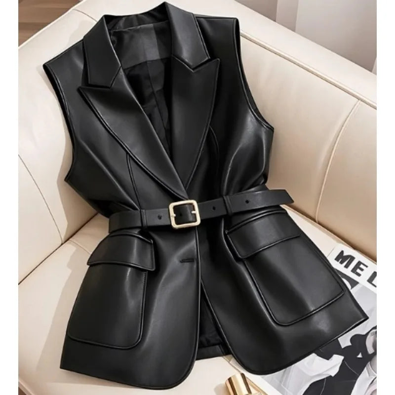 Black Leather Waistcoat This Year's Popular Explosive Unique High-level Sense of Folded Sleeveless Coat.