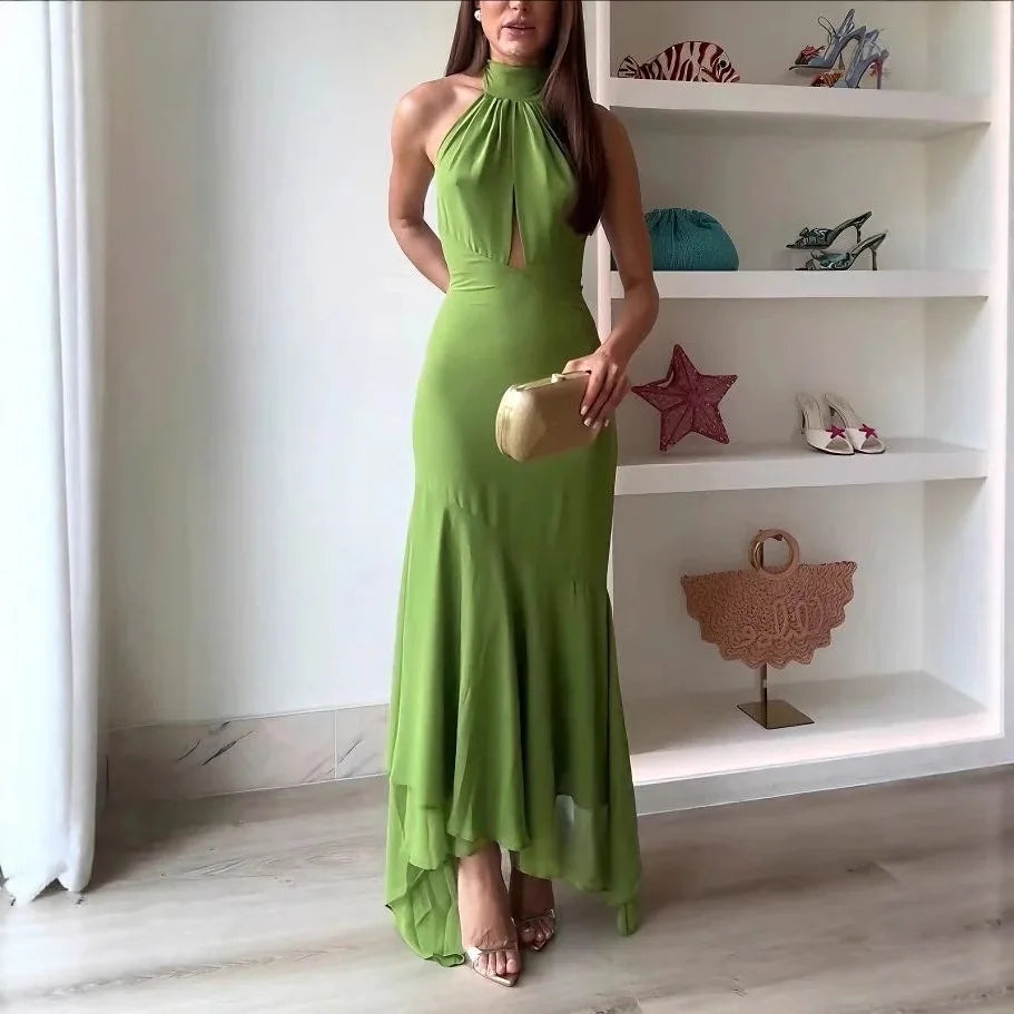 Elegant Olive Green Halter Maxi Dress for Women – Backless Lace-Up Asymmetrical Hem Evening Party Gown | Modern Blend Boutique