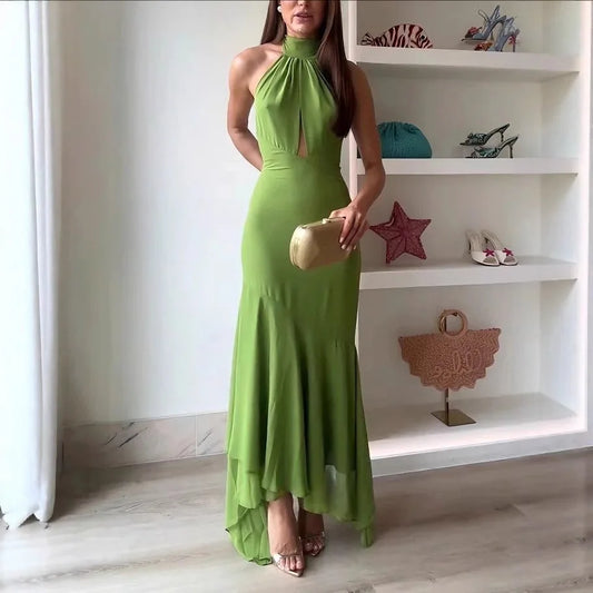 Elegant Olive Green Halter Maxi Dress for Women – Backless Lace-Up Asymmetrical Hem Evening Party Gown | Modern Blend Boutique