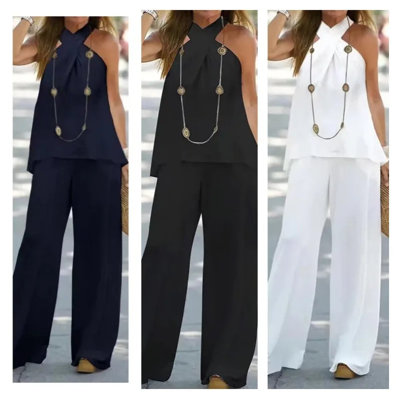Effortlessly Halter Neck Solid Color Sleeveless Suit Wide Leg Pants Trousers Two-piece Suit.